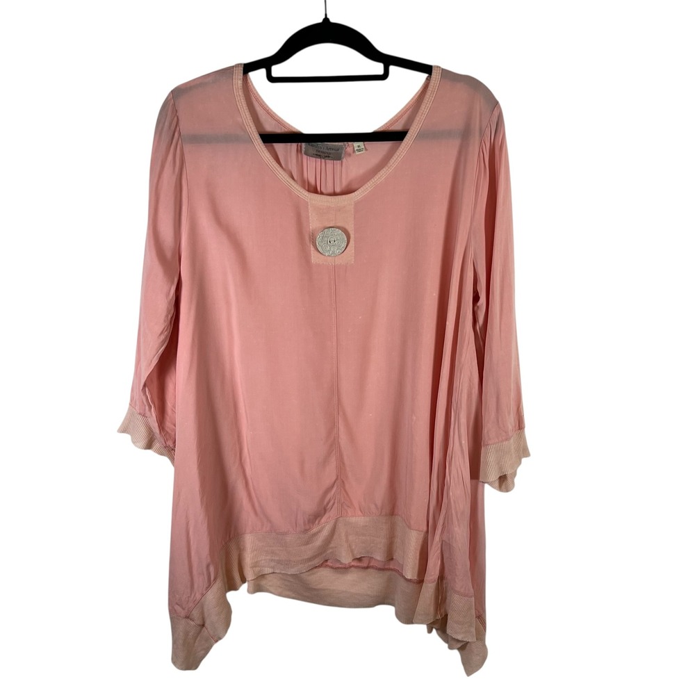 Carolyn's Artwear Designs Peach‎ Pink Tunic Top XL 3/4 Sleeve Art To Wear Button